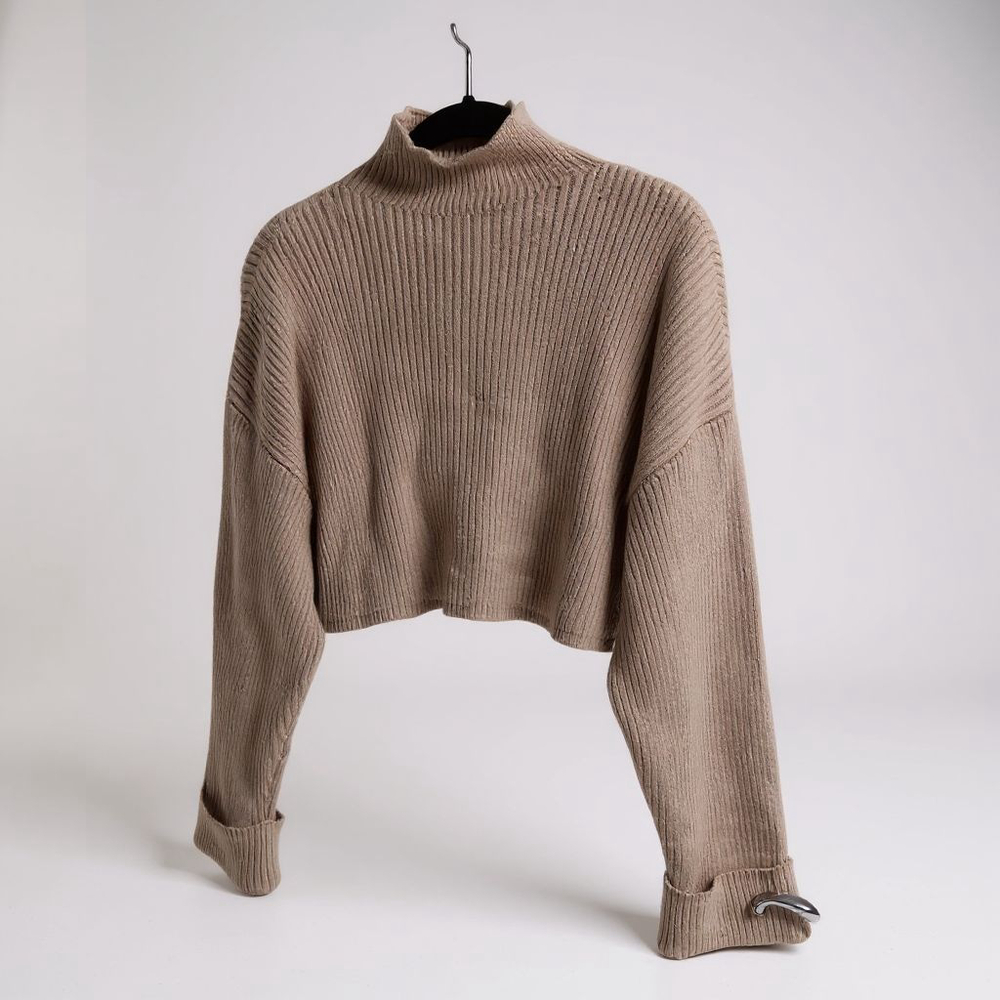 ZARA Ribbed Oversized Crop Length Cuffed Sleeved Mock Neck Sweater in Taupe - Picture 8 of 11
